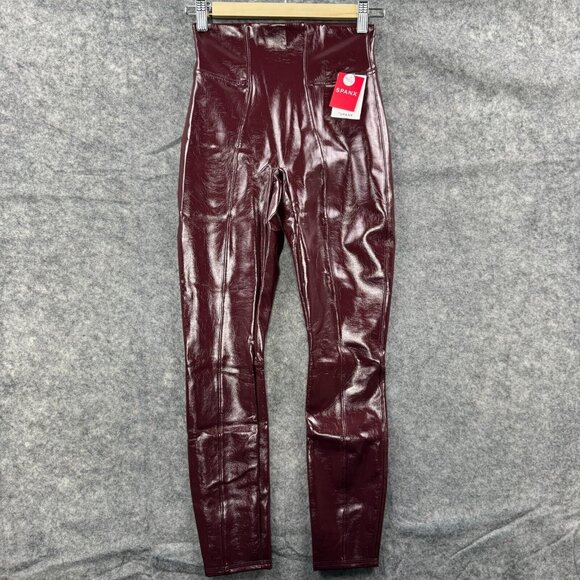 SPANX Pants - Spanx Leggings Womens XS Petite Red Faux Leather Patent Ruby High Rise 20301 NEW